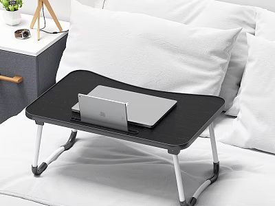 Black Bed Desk With Laptop On White Bed And Soft Pillows Setup 3d model