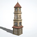 Classic Multi Story Clock Tower With Red Brown Roof And Windows 3d model