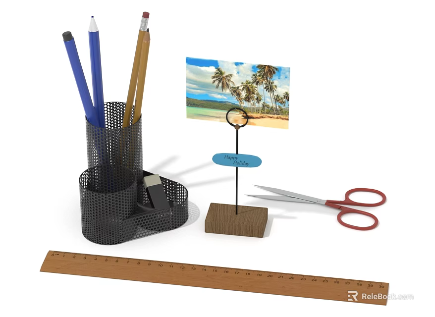 Essential Desk Supplies With Mesh Penholder Pencils Red Scissors Ruler Photo Frame And Note Holder 3d model 
