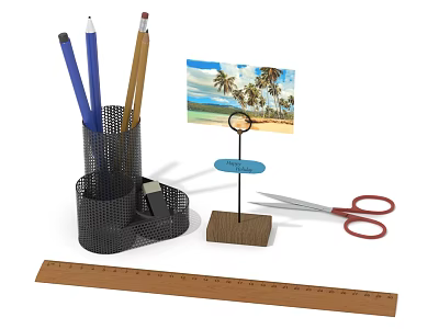 Essential Desk Supplies With Mesh Penholder Pencils Red Scissors Ruler Photo Frame And Note Holder 3d model