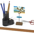 Essential Desk Supplies With Mesh Penholder Pencils Red Scissors Ruler Photo Frame And Note Holder