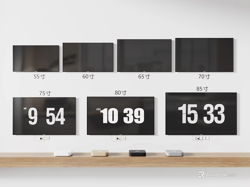Various Sizes TV Screens Display Different Inches With Digital Numbers On Wooden Shelf 3d model 