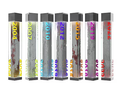 Series Of Colorful Transparent Columns With Year Numbers And Unique Internal Structures 3d model
