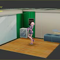 Cartoon Scene With Dancing Girl Green Curtains Wooden Floor Lockers And Blue Sofas