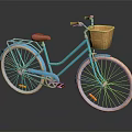 Classic Blue Bicycle With Brown Seat Wicker Front Basket And White Rims