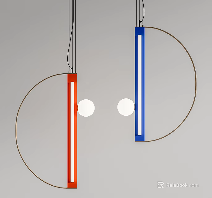 Modern Red And Blue Linear Pendant Light With Circular Metallic Frame Design 3d model