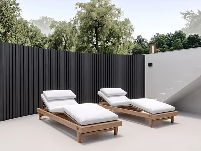 Two Wooden Lounge Chairs With White Cushions On Outdoor Patio Near Black Fence And Trees 3d model