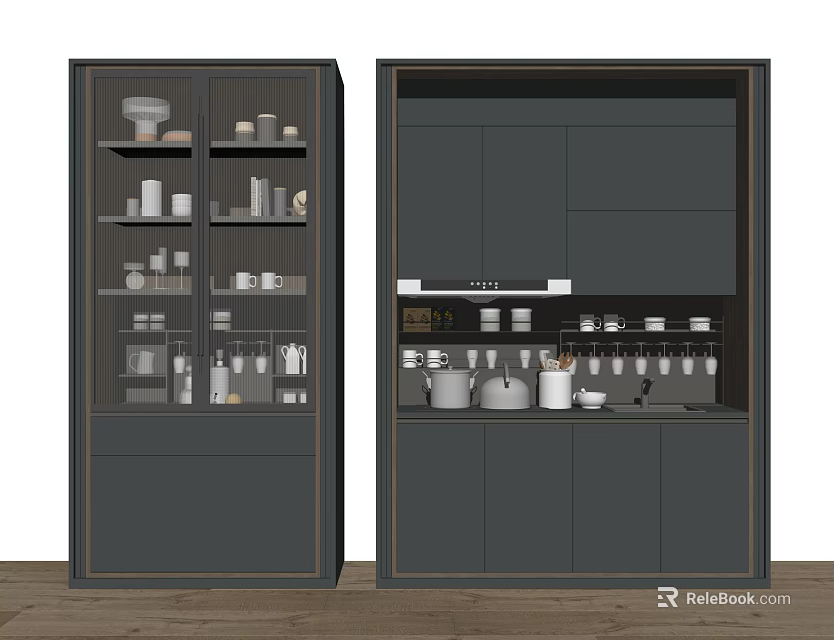 Modern Dark Sideboard With Glass Doors Drawers Open Shelves And Tableware Storage 3d model 