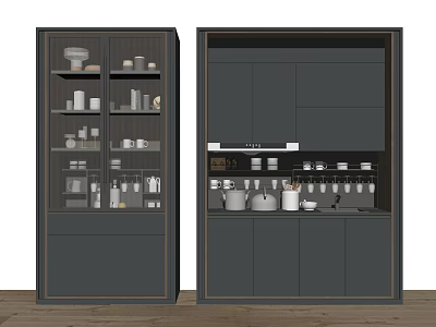Modern Dark Sideboard With Glass Doors Drawers Open Shelves And Tableware Storage 3d model