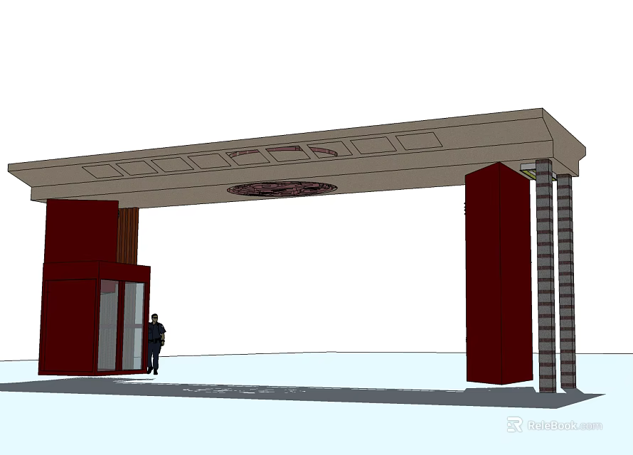 Modern Entrance Gate With Red Pillars Decorative Canopy And Standing Person 3d model 
