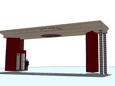 Modern Entrance Gate With Red Pillars Decorative Canopy And Standing Person 3d model