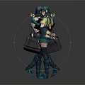 Green Haired Female Character With Yellow Top Green Shorts Backpack Scrolls And Hook Tool