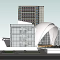 Modern Architectural Building With Glass Curtain Walls Arched Structure And Platform Near High Rise Buildings