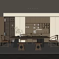 Elegant Modern Restaurant Open Concept Wooden Dining Table Rattan Chairs Bookshelf Green Plants Warm Lighting