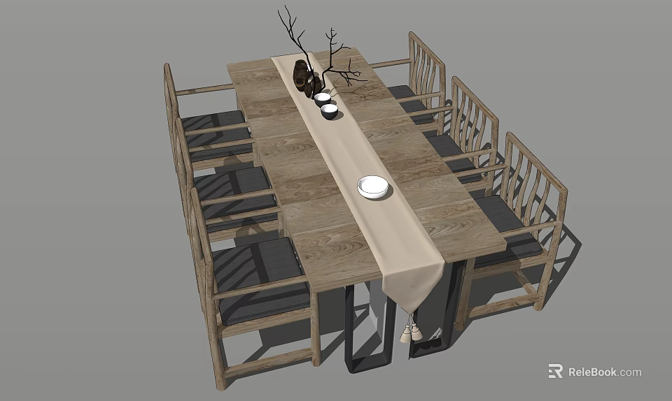 Wooden Dining Table Set with Matching Chairs Decorative Branches Small Vases and Table Runner 3d model