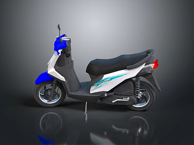 Blue And White Modern Scooter With Black Seat And Reflective Surface On Dark Background 3d model
