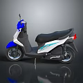 Blue And White Modern Scooter With Black Seat And Reflective Surface On Dark Background
