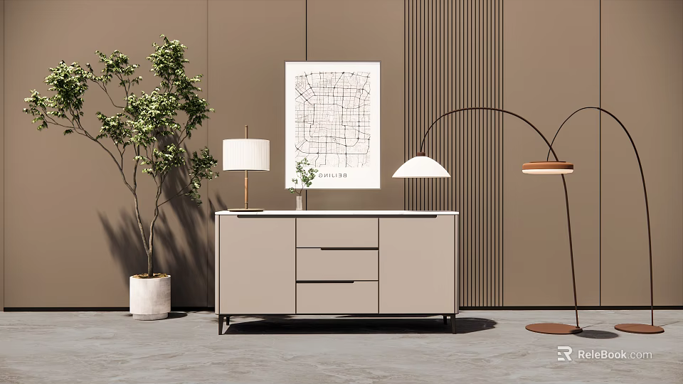 Beige Entryway Console Table With Drawer Design Green Plant Map Art And Floor Lamp 3d model 