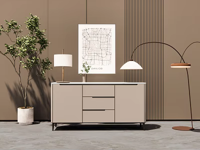 Beige Entryway Console Table With Drawer Design Green Plant Map Art And Floor Lamp 3d model