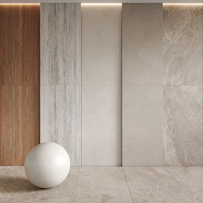 Wall Components Featuring Various Textures And Tones Wooden Gray Beige Marble With White Sphere Decor 3d model