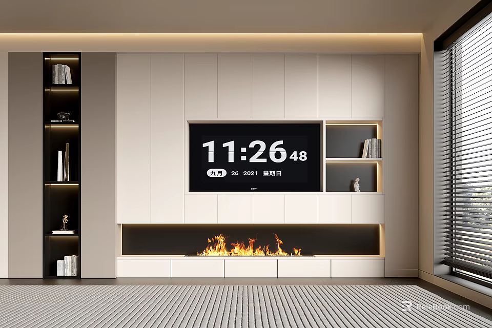 Modern TV Stand with Fireplace TV Screen Bookshelves and Decorative Items in Living Room 3d model 