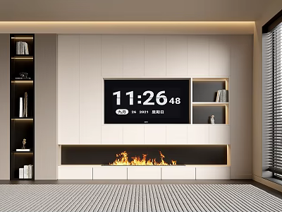 Modern TV Stand with Fireplace TV Screen Bookshelves and Decorative Items in Living Room 3d model