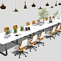 Modern Office Desk Setup With Multiple Chairs Laptops Plants And Hanging Pendant Lights 3d model