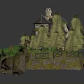 Cartoon Scene With Cozy Cottage Pine Trees Rocky Ground And Gravel Path