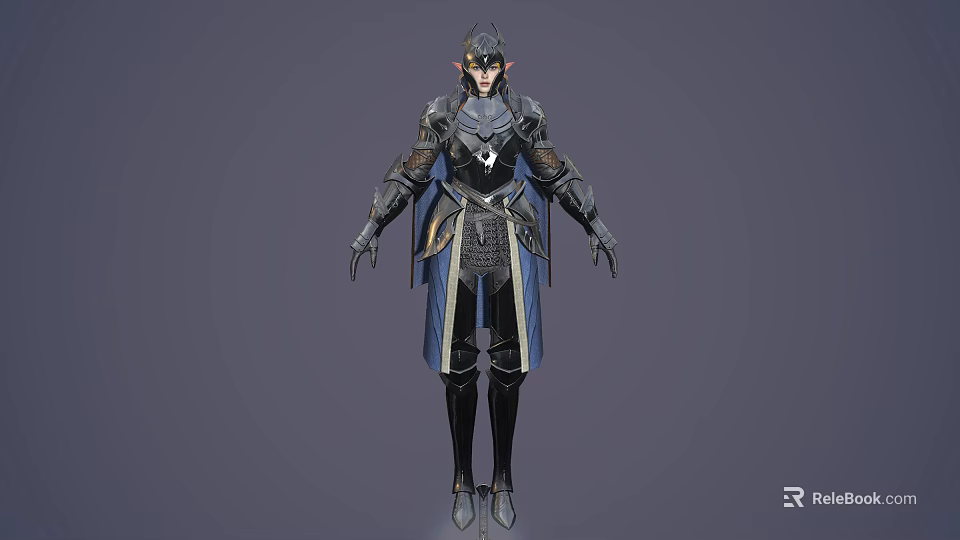 Detailed Fantasy Elf Warrior Character In Armored Outfit With Blue Cloak And Pointed Ears 3d model 