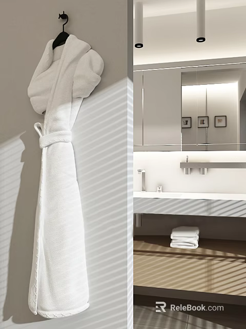 Plush White Bathrobe Hanging In Bathroom With Neatly Folded Towels 3d model 