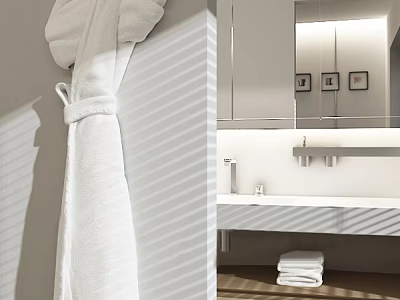 Plush White Bathrobe Hanging In Bathroom With Neatly Folded Towels 3d model