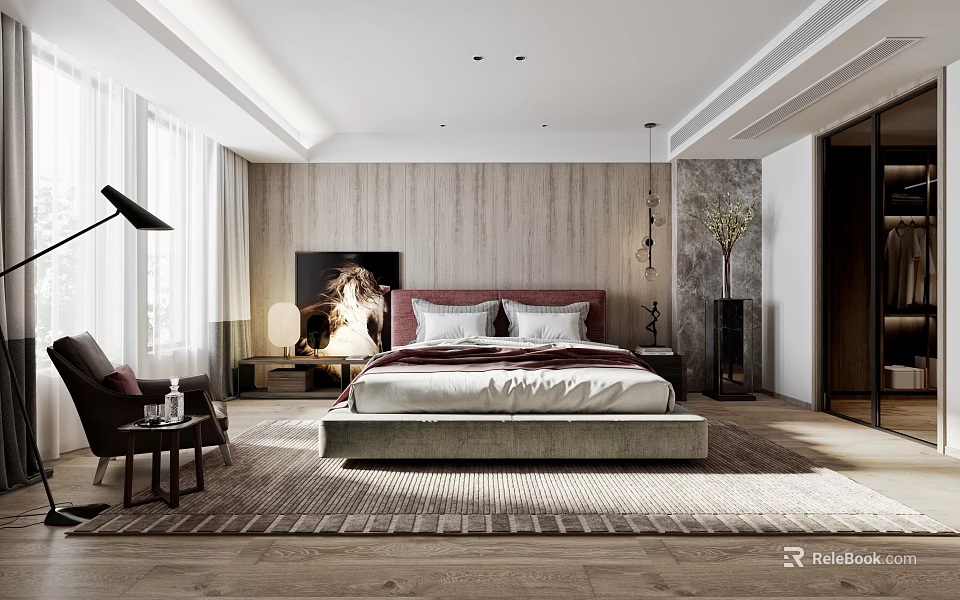 Modern Bedroom Interior With Upholstered Headboard Bed Area Rug And Wooden Flooring 3d model 