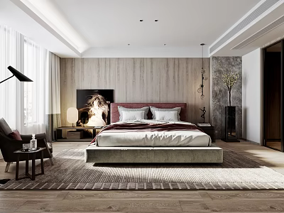 Modern Bedroom Interior With Upholstered Headboard Bed Area Rug And Wooden Flooring 3d model