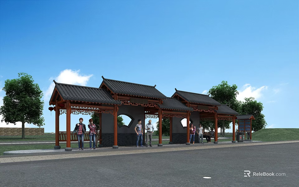 Traditional Chinese Style Roadside Bus Shelter With Roofed Waiting Area And Pedestrians 3d model 