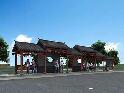 Traditional Chinese Style Roadside Bus Shelter With Roofed Waiting Area And Pedestrians 3d model