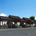 Traditional Chinese Style Roadside Bus Shelter With Roofed Waiting Area And Pedestrians