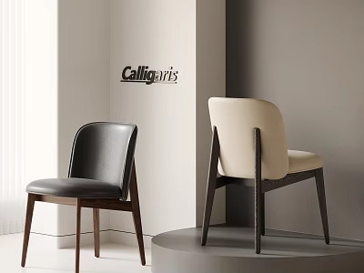 Modern Dining Chairs Black Leather And Beige Upholstered With Dark Wooden Legs In Minimalist Interior 3d model