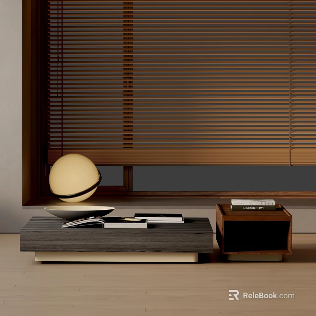 Stylish Coffee Table Set With Wooden Blinds Round Decorative Ball And Books In Living Room 3d model 