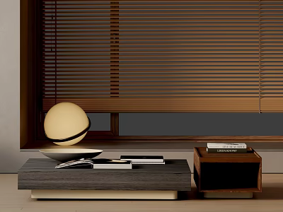 Stylish Coffee Table Set With Wooden Blinds Round Decorative Ball And Books In Living Room 3d model