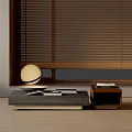 Stylish Coffee Table Set With Wooden Blinds Round Decorative Ball And Books In Living Room