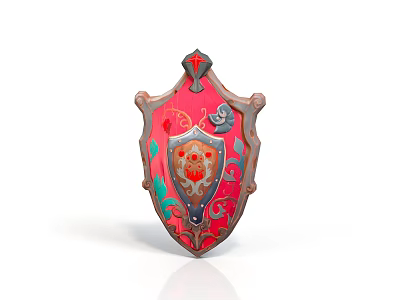Medieval Shield Red And Pink Ornate Design With Lion Emblem Metallic Frame And Floral Patterns 3d model