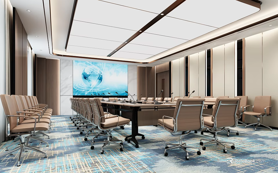 Modern Conference Room Interior With Long Table Ergonomic Chairs Large Display Screen And Patterned Carpet 3d model