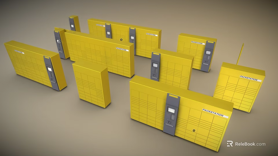 Yellow Public Lockers Storage Facility With Multiple Units And Secure Locks Arranged Neatly 3d model