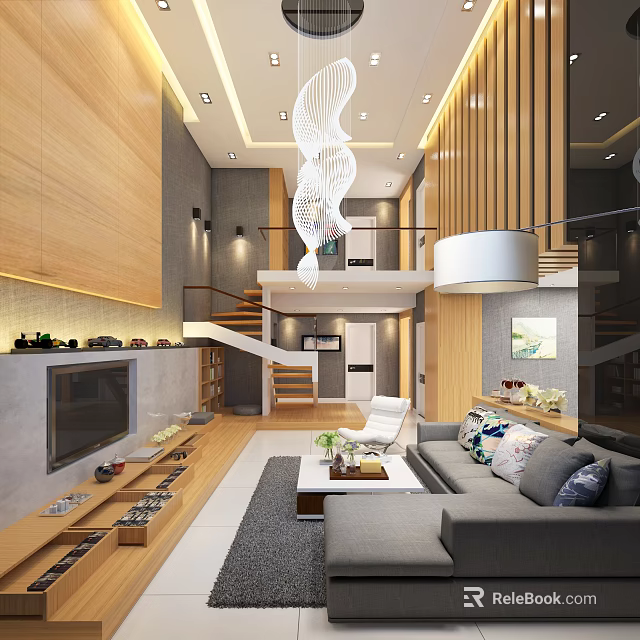 Modern Open Living Dining Room Interior With Wooden Walls Gray Sofa And Chandelier 3d model 