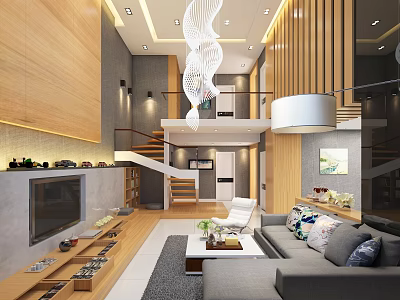 Modern Open Living Dining Room Interior With Wooden Walls Gray Sofa And Chandelier 3d model