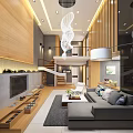 Modern Open Living Dining Room Interior With Wooden Walls Gray Sofa And Chandelier