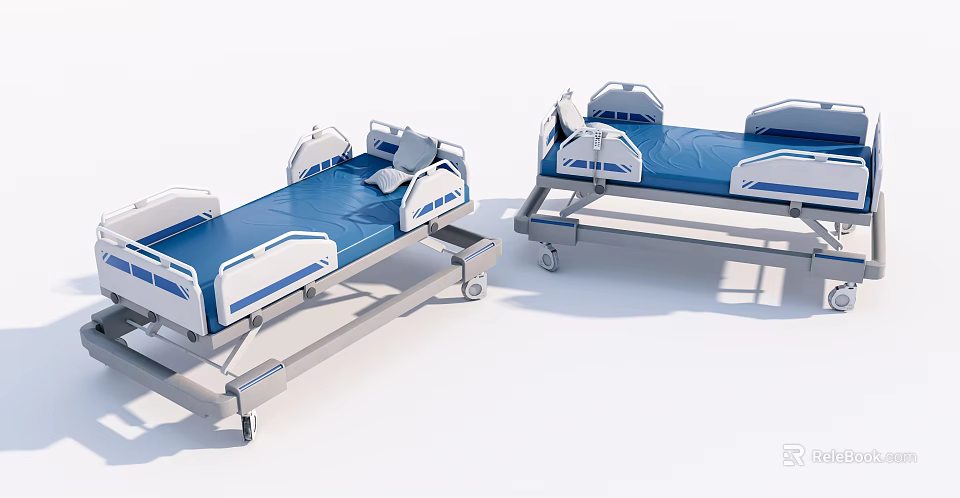 Modern Medical Beds with Blue Mattress White Rails and Rolling Wheels for Hospital Use 3d model 