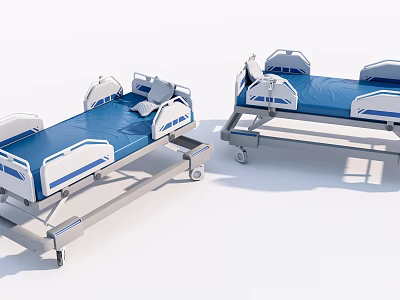 Modern Medical Beds with Blue Mattress White Rails and Rolling Wheels for Hospital Use 3d model