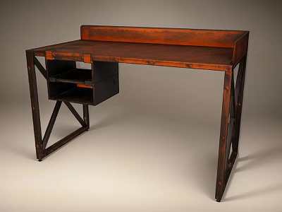 Rustic Wooden Desk with Black Metal Frame and Open Storage Compartment 3d model