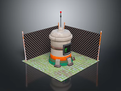 Industrial Cylindrical Structure With Chain Link Fence Checkerboard Floor Tiles Red Antenna And Black Panel 3d model
